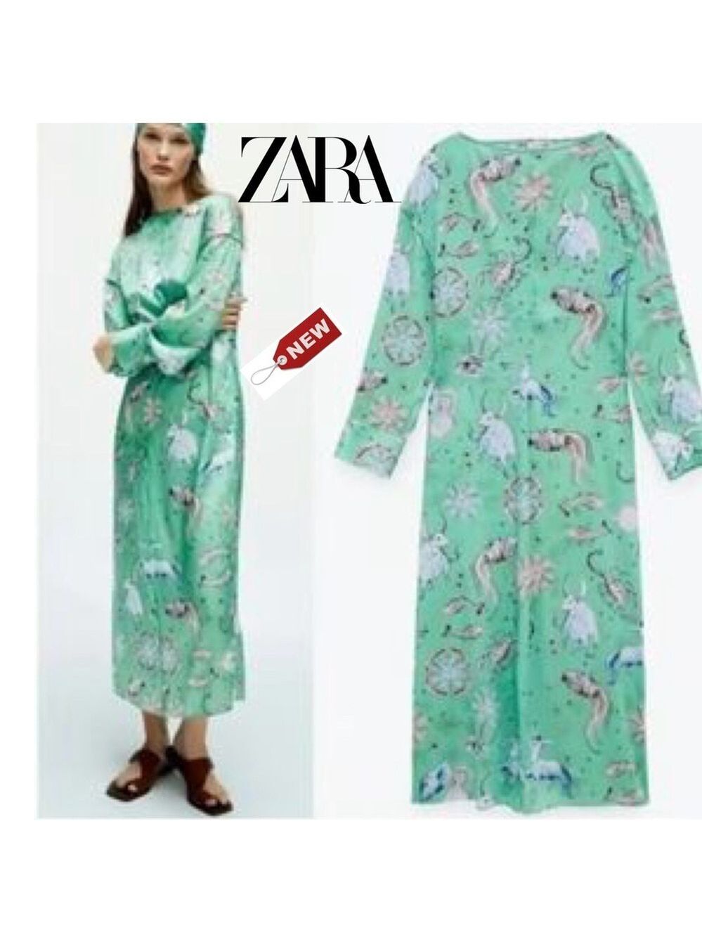 Zara Zodiac print satin midi maxi dress in mint green Sz XS NWT long sleeve